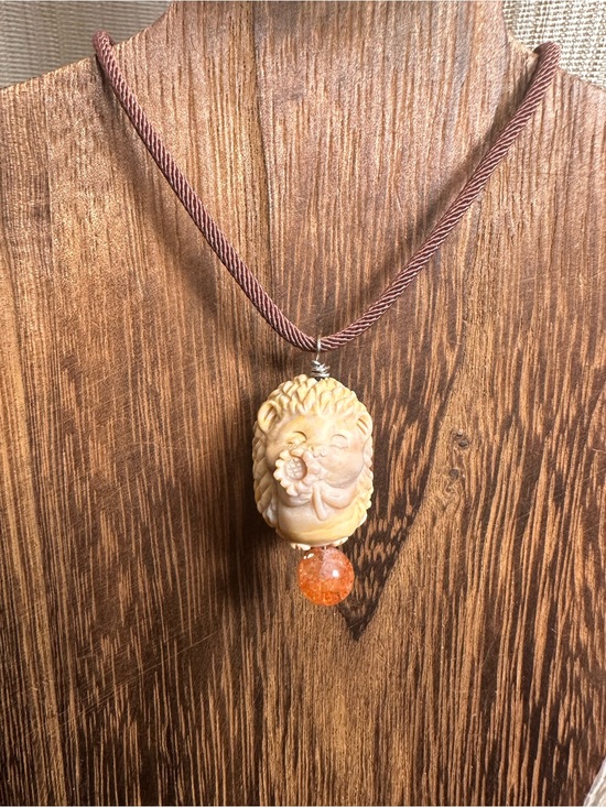 Jewelry - Alashan Agate Hedgehog Charm Pendant Necklace with Sunstone on Brown Rope